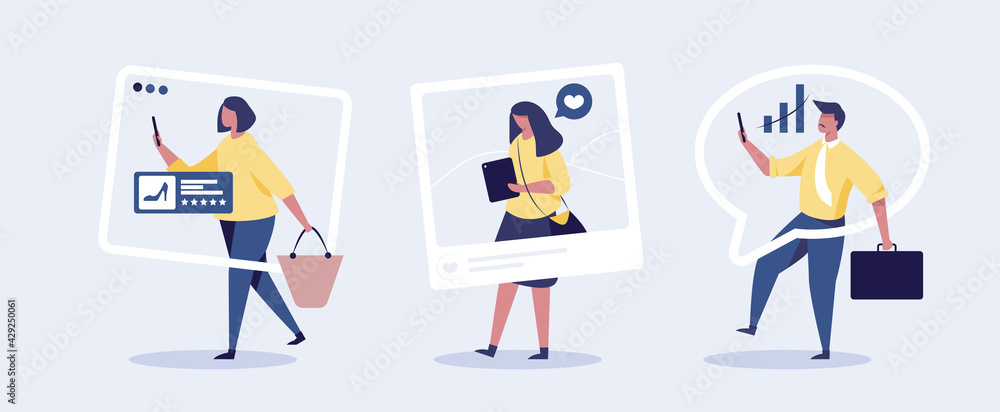 a man and woman looking at their phones with a social media concept. vector illustration a man and woman looking at their phones with a social media concept. vector illustration