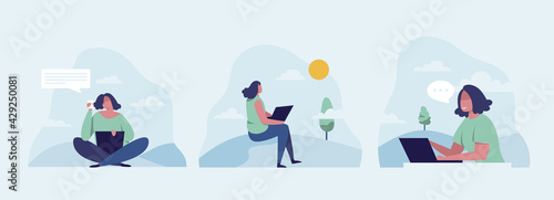 Womens freelance. girl with laptop sitting on bench in park. concept illustration for working outdoors,