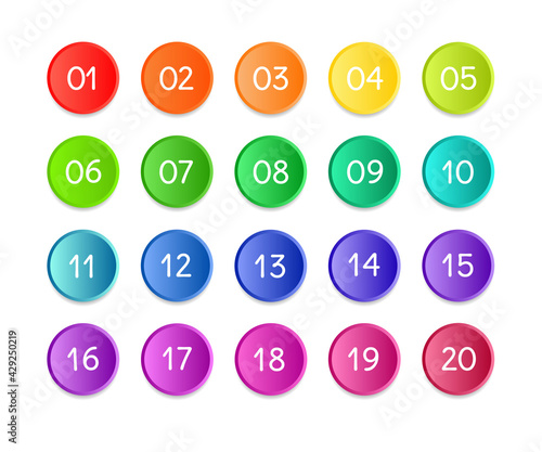 Bullet numbers. Infographic buttons and points. Icon with numbers from 1 to 20. 3d pointers for promotion. Colorful gradient markers for badges, tags. Modern logos in map interface. Vector.
