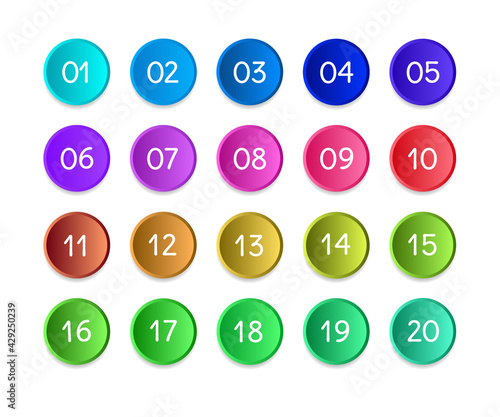 Bullet numbers. Infographic buttons and points. Icon with numbers from 1 to 20. 3d pointers for promotion. Colorful gradient markers for badges, tags. Modern logos in map interface. Vector.Bullet numb
