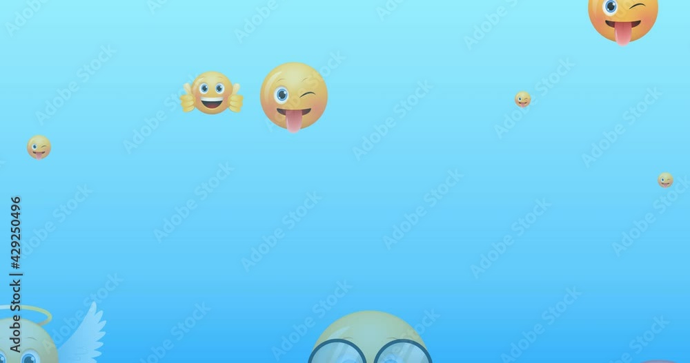 Animation of multiple emoji icons flying up on blue background Animation of multiple emoji icons flying up on blue background