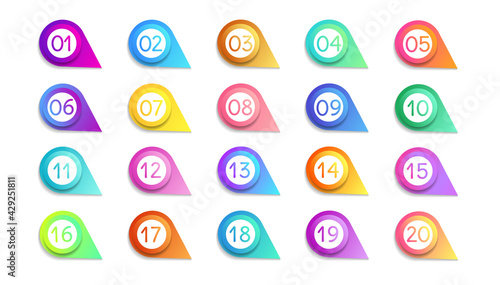 Bullet numbers. Infographic buttons and points. Icon with numbers from 1 to 20. 3d pointers for promotion. Colorful gradient markers for badges, tags. Modern logos in map interface. Vector.