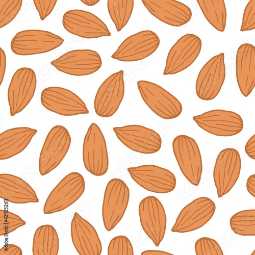 Almond nut seamless pattern. Almond kernels background. Flat vector nut. Nuts backdrop. For wallpapers, wrapping papers, confectionery, restaurant menu, textile. Organic food seamless pattern
