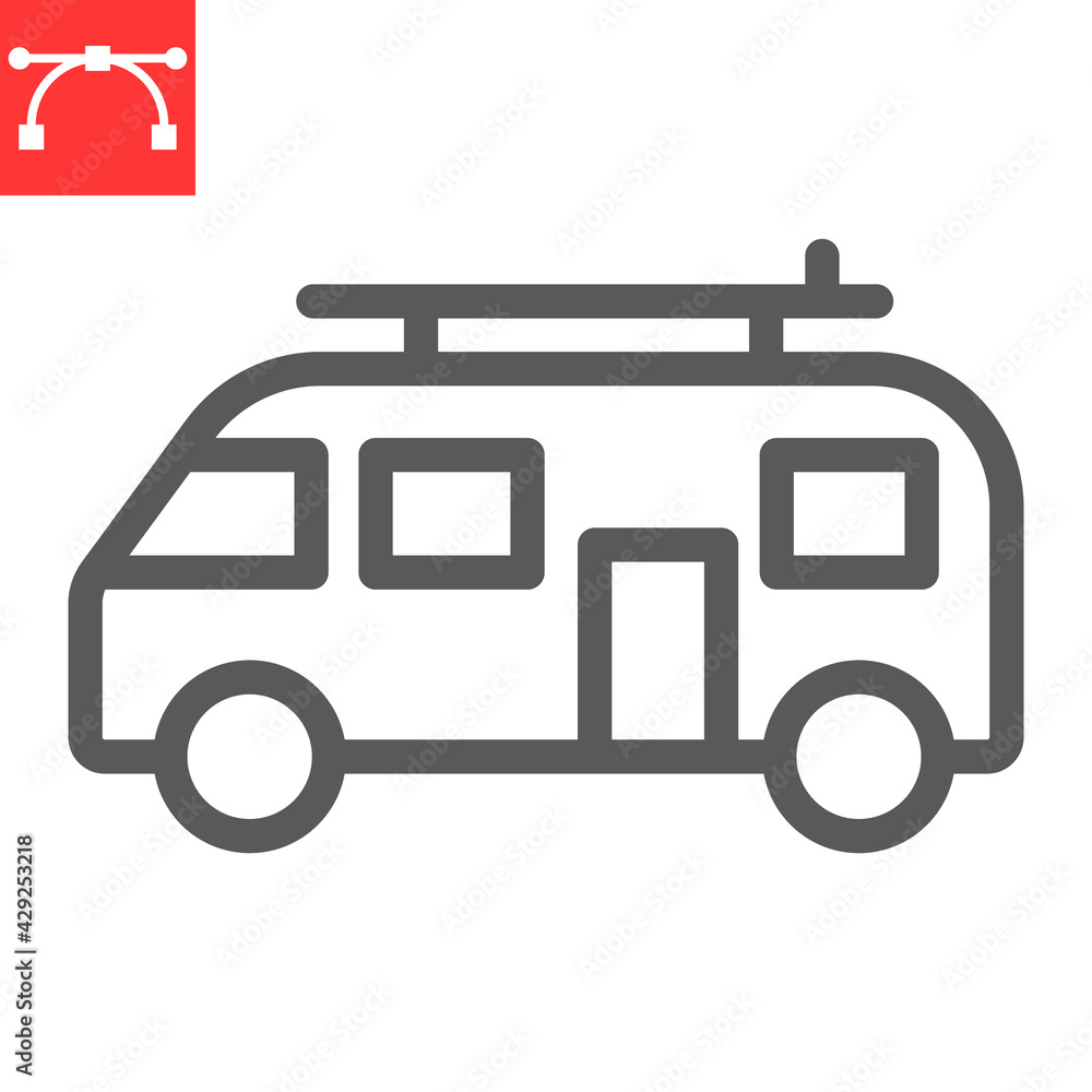 Surfer van line icon, vehicle and beach, summer van vector icon, vector graphics, editable stroke outline sign, eps 10 Surfer van line icon, vehicle and beach, summer van vector icon, vector graphics, editable stroke outline sign, eps 10