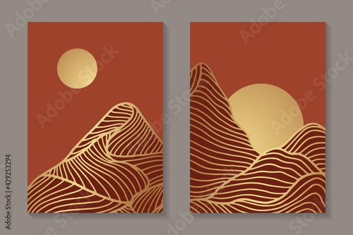 Modern abstract luxury background or elegant card design with golden mountains and sun with red sky or sunset.