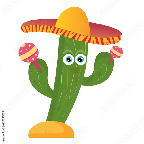 Happy cactus cartoon with a mexican hat and maracas - Vector