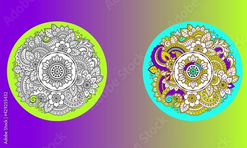 Circular pattern in form of mandala with lotus flower for Henna, Mehndi, tattoo, decoration. Decorative ornament in ethnic oriental style. Coloring book page