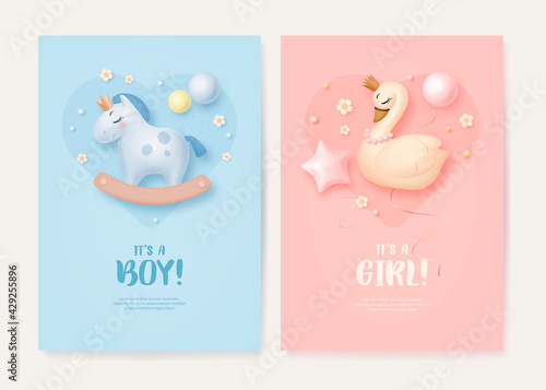 Set of baby shower invitation with cartoon swan, horse, helium balloons and flowers on blue and pink background. It's a boy. It's a girl. Vector illustration