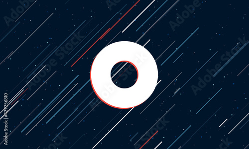 Large white record media symbol framed in red in the center. The effect of flying through the stars. Vector illustration on a dark blue background with stars and slanted lines