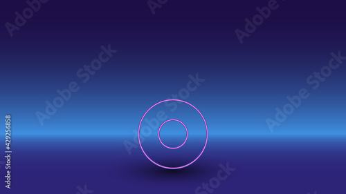 Neon record media symbol on a gradient blue background. The isolated symbol is located in the bottom center. Gradient blue with light blue skyline