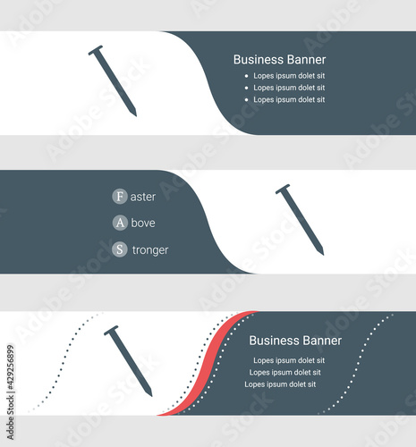 Set of blue grey banner, horizontal business banner templates. Banners with template for text and metal nail symbol. Classic and modern style. Vector illustration on grey background