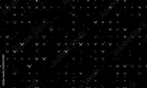 Seamless background pattern of evenly spaced white baseball bats symbols of different sizes and opacity. Vector illustration on black background with stars