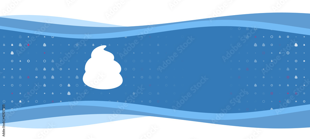 Blue wavy banner with a white poop symbol on the left. On the background there are small white shapes, some are highlighted in red. There is an empty space for text on the right side