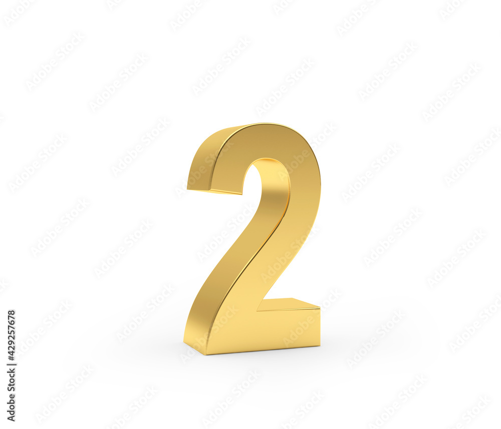 Number two is made of gold metal on a white background. 3d illustration Number two is made of gold metal on a white background. 3d illustration
