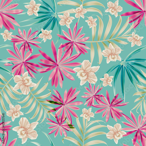 Colourful Seamless Pattern with tropic flowers and leaves. Seamless tropical flower  plant and leaf pattern background. Hawaii jungle flowers....