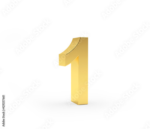 The number one is made of gold metal on a white background. 3D illustration 