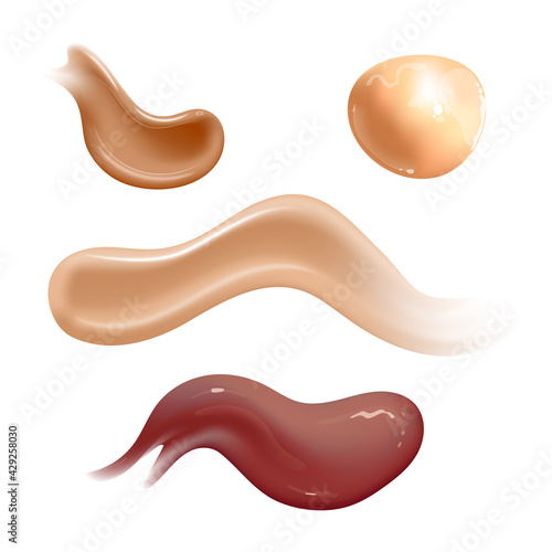 Set of realistic cosmetic cream smears. Skin toner of different body colors. Lotion smooth smear isolated vector texture on white background.
