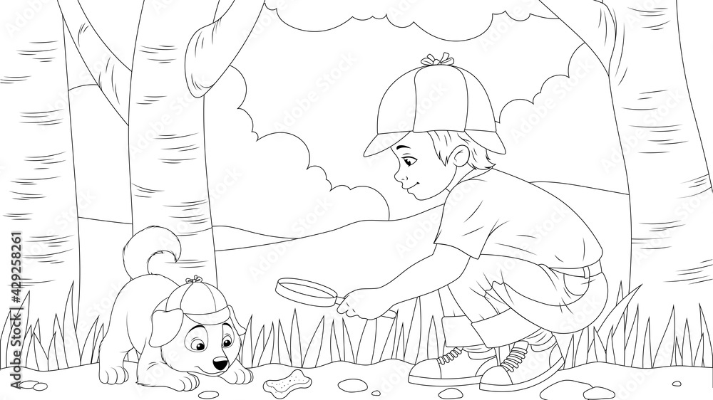 Vector graphics, a boy playing with a dog in the park in nature