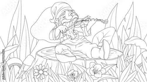 Vector illustration, fairy tale elf footprints on a tree stump and plays the violin in summer