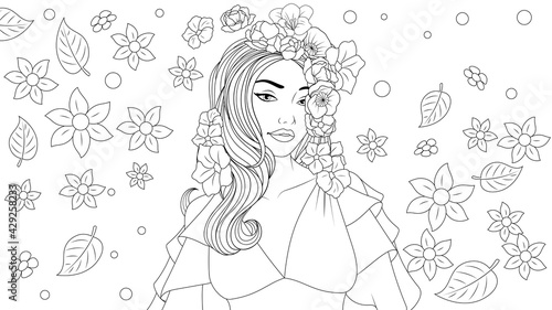 Vector illustration  beautiful girl wears a flower wreath in summer  flower background