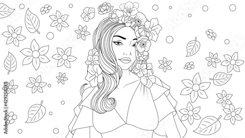 Vector illustration, beautiful girl wears a flower wreath in summer, flower background