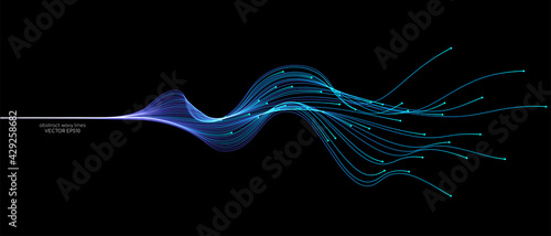 Vector abstract light lines wavy flowing dynamic in blue green colors isolated on black background for concept of AI technology, digital, communication, 5G, science, music photo