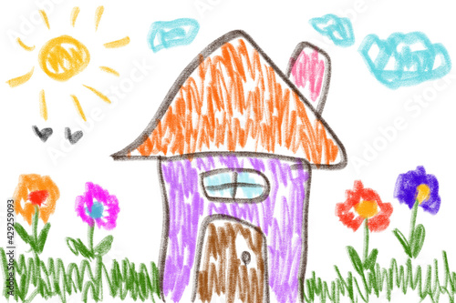 Children painting house flower sun clouds colorful cute