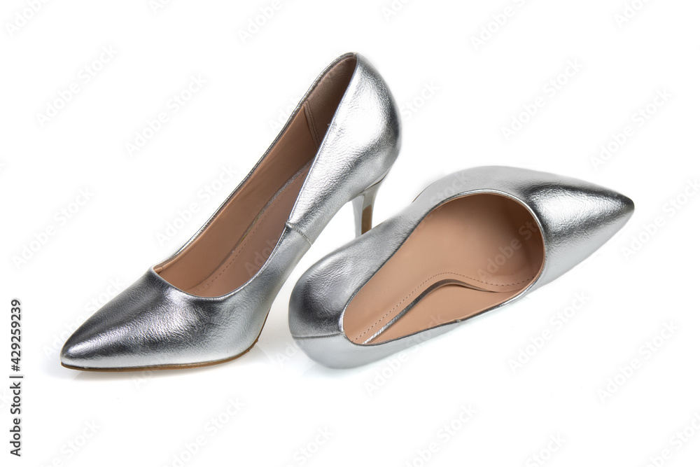 Fototapeta premium womens silver classic shoes on a white background 