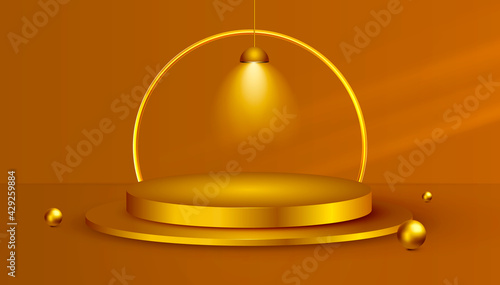 3d golden podium or stage with a spotlight on a gold background, the first place, fame and popularity. Vector illustration for product presentation, showcase, promotion, sale.