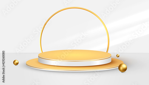 3d golden podium or stage with a spotlight on a white background, the first place, fame and popularity. Vector illustration for product presentation, showcase, promotion, sale.