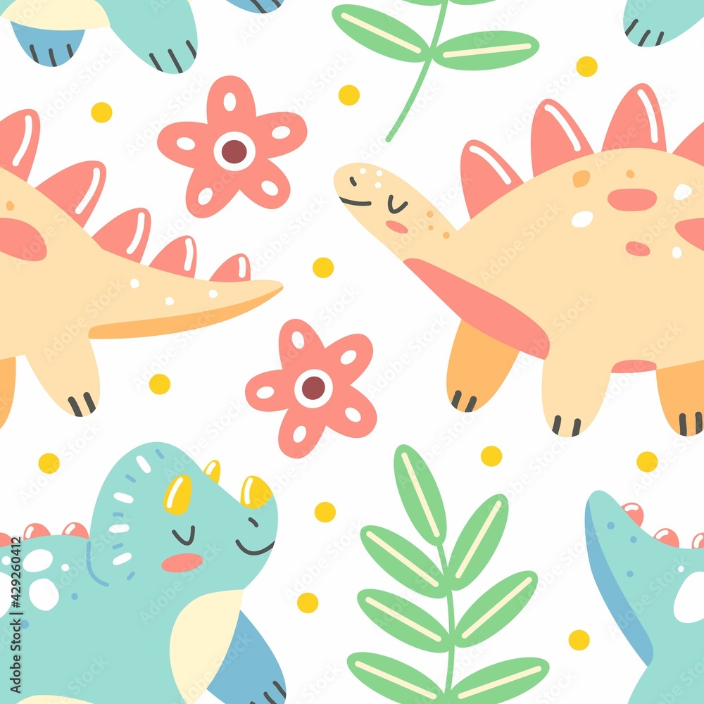 Obraz premium Seamless pattern with dinosaurs and leaves in a cute cartoon style on a white background. Vector children's illustration. Design of wallpaper, packaging, clothing.