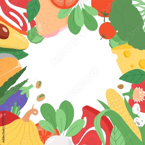 Illustration in flat style with vegetables background. Healthy diet concept. Balanced nutrition, dietetic or organic products, online nutrition.