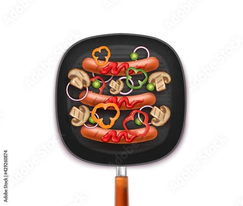 Realistic Detailed 3d Grill Pan with Sausages, Mushrooms and Vegetables. Vector photo