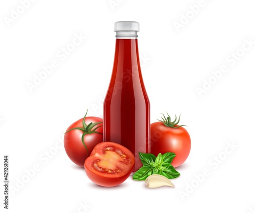 Realistic Detailed 3d Red Tomato Ketchup Bottle and Basil Leaves for Salad. Vector