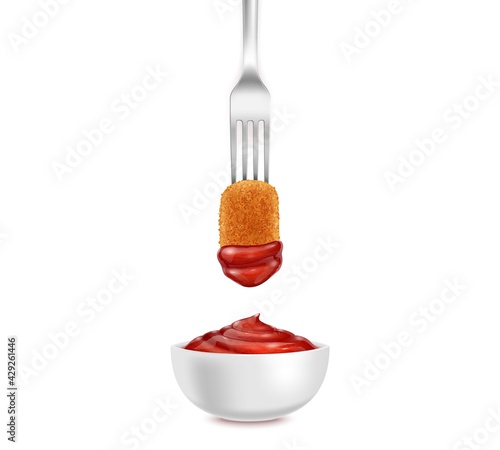 Realistic Detailed 3d Fork with Chicken Nugget and Ketchup Bowl. Vector