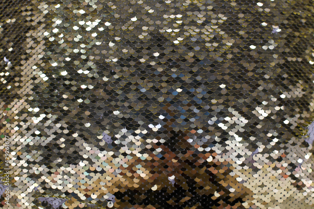 Black and gold sequins close-up texture. Shiny fabric background. black sequins. Gold glittering double-sided material, glittering background. Fashionable fabric for decor Black and gold sequins close-up texture. Shiny fabric background. black sequins. Gold glittering double-sided material, glittering background. Fashionable fabric for decor