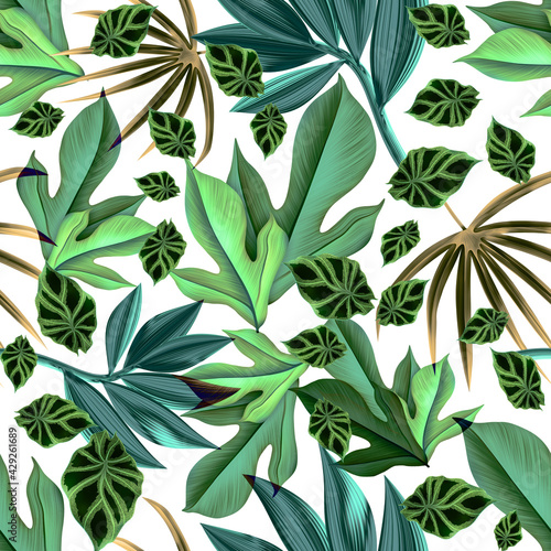Seamles Leaves Pattern In Elegant Style. Palm leaves background. Tropical palm leaves  jungle leaves seamless floral pattern background