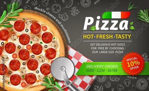 Realistic Detailed 3d Pizza Ads Banner Concept Poster Card. Vector