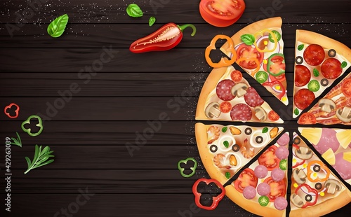 Realistic 3d Detailed Slice of Pizza with Different Type Ingredients on Wooden Background Card. Vector