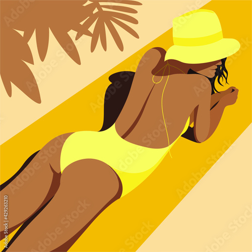 vector illustration on the theme of summer holidays. beautiful young tanned girl in a yellow swimsuit sunbathes on the beach. the picture can be used to decorate leaflets and flyers. elements isolated