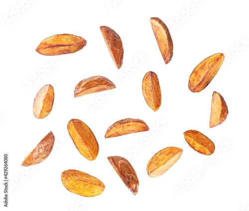 Collection of delicious potato wedges, isolated on white background, top view.