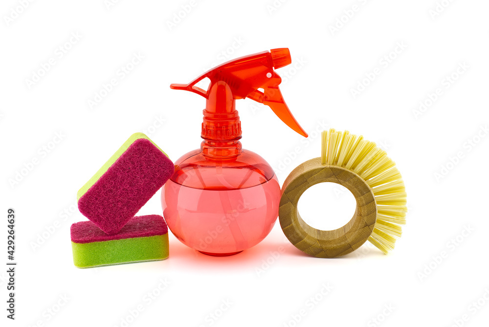 Colorful sponges, dish brushes and spray bottle Colorful sponges, dish brushes and spray bottle