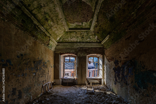 Old ruined abandoned historical mansion  inside view