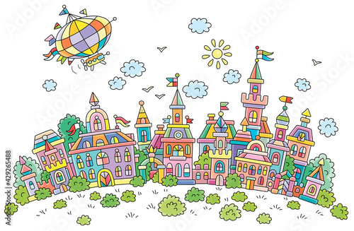Airship flying over pretty colorful houses, castles, palaces and towers of an old small town from a fairytale on a sunny summer day, vector cartoon illustration isolated on white