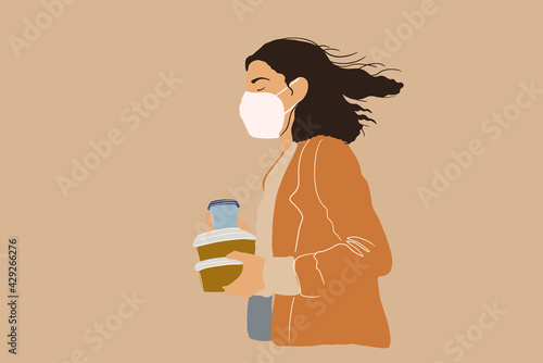 Pretty woman in protective facial mask took the order of takeaway food and phone. Wireless payment and healthy food to go. Flat style. Vector illustration.