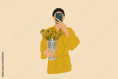 Woman make a selfie with phone in yellow bathrobe holding a vase with flowers . Vector illustration