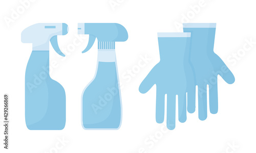 Cleaning agents and gloves. Chemical detergents. Medical disinfect bottles isolated on white background. Vector illustration