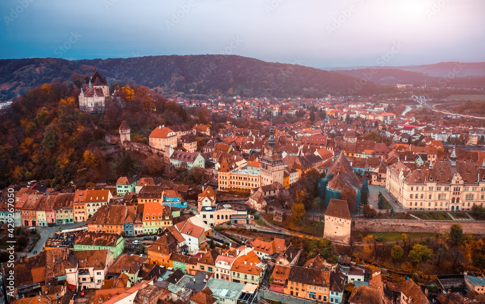 Architecture of romanian Sighisoara viewed from above