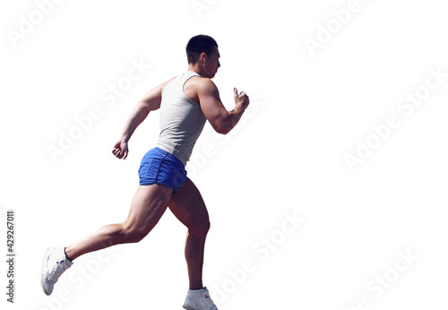 Fitness male runner in motion, athlete running isolated on a white background, sport concept, side view