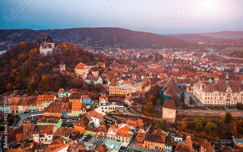 Architecture of romanian Sighisoara viewed from above